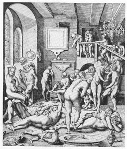 Kupferstich des Inneren eines Badehauses 16. Jahrhundert (Quelle: Wikipedia)