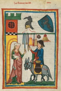 Codex Manesse, Dietmar v. Aist: Sortiment Almosenbeutel - Quelle: Wikipedia