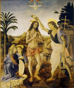 Die Taufe Christi - ist ein Gemälde von Andrea del Verrocchio unter Mitarbeit des jungen Leonardo da Vinci sowie vermutlich von Sandro Botticelli - Quelle: Wikipedia