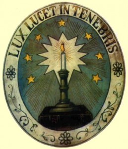 Das Wappen der Waldenser: Leuchter mit Umschrift Lux lucet in tenebris „Das Licht leuchtet in der Finsternis“ - Quelle: Wikipedia