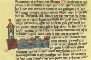 Diese Darstellung ist in der sächsischen Weltchronik um 1280 zu finden. Friedrich I. Barbarossa ertrinkt im Saleph. Die Absicht schwimmen bzw. baden zu wollen wird hier von dem unbekannten Autor als Grund für den Tod von Barbarossa angenommen.  Daher wird Barbarossa unbekleidet dargestellt. (Quelle: Wikipedia)