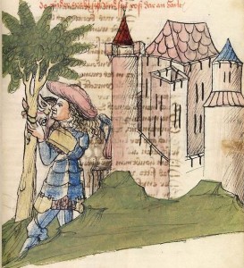 Wolfram von Eschenbach (Parzival 1)
Parzival bindet sein Pferd an die Linde vor der Burg des Gurnemanz
(Quelle: Universität Heidelberg)