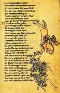 Seite aus "Der wälsche Gast" 
(Heidelberger Handschrift CPG 389, fol. 116r, Mitte 13. Jahrhundert)
(Quelle: Wikipedia)