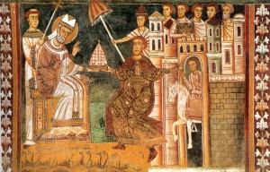 Papst Silvester I
in einer Darstellung der Konstantinischen Schenkung auf einem Fresco (13. Jahrhundert)
Quelle: Wikipedia