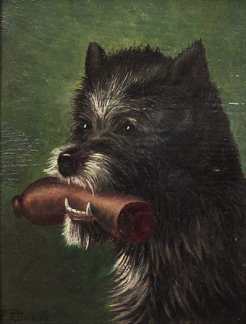 Hundeporträt mit Wurst im Maul von Carl Friedrich Deiker