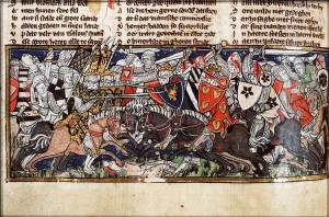Schlacht auf den Katalaunischen Feldern
Darstellung in einer niederländischen Handschrift von 1325-1335
Jacob van Maerlant's Spieghel Historiael
Quelle: Wikipedia