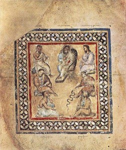Galenosgruppe. Das zweite Ärztebild aus dem Kodex Wiener Dioskurides (Konstantinopel, vor 512)
Galenos ist oben in der Mitte dargestellt.
Quelle: Wikipedia