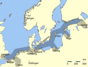 Vereinfachte Darstellung der Haupthandelsroute der Hanse im Nordeuropäischen Raum
Quelle: Wikipedia