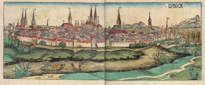 Holzschnitt von Lübeck aus der Schedel'schen Weltchronik, Blatt 265v/266r von 1493
Quelle: Wikipedia