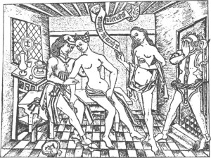 Prostituierte
Kupferstich vom Meister mit den Bandrollen
(Quelle: Wikimedia)