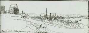 Mainz von Südosten aus gesehen (1631). Links St. Alban mit Chor und Turm, dazwischen der normalerweise ca. 500 m weiter entfernt stehende Drususstein. Federzeichnung von Wenzel Hollar.
Quelle: Wikimedia