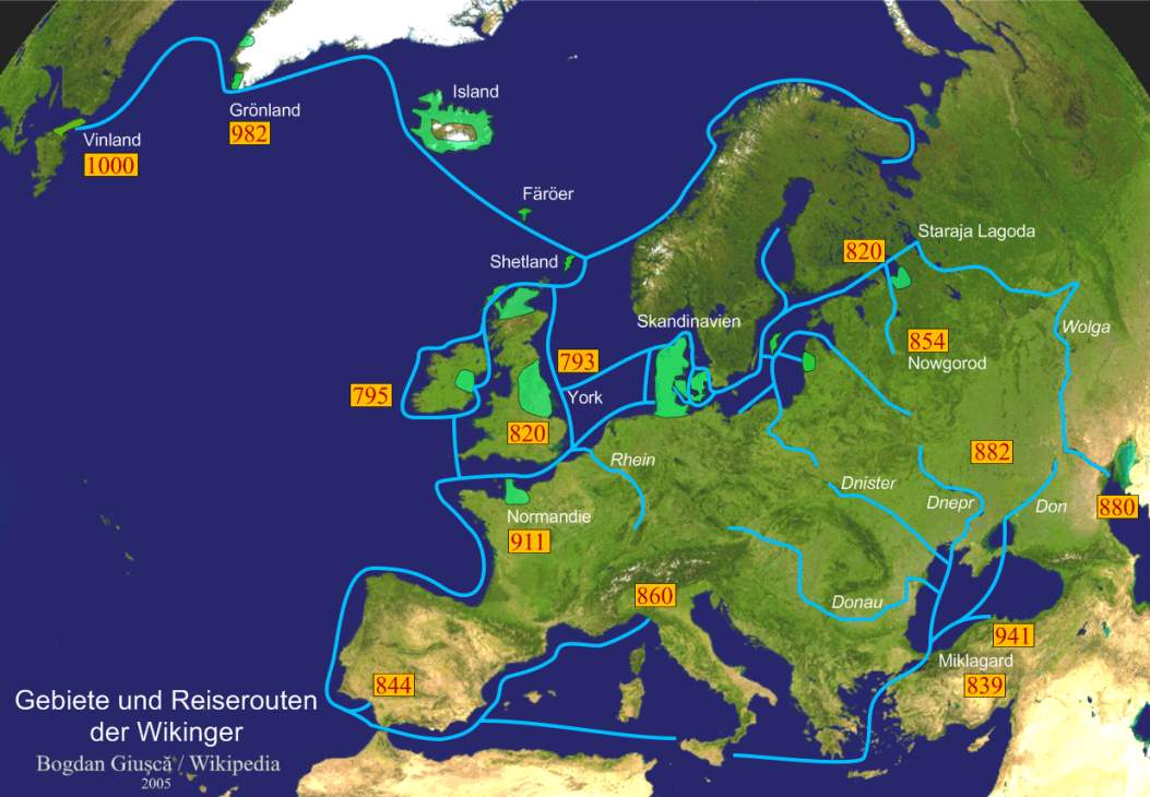 Karte der Gebiete und Reiserouten der Wikinger
