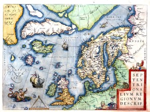 Karte des Nordatlantiks von Skandinavien bis Grönland mit einigen Phantasieinseln (u.a. Frisland) von Abraham Ortelius 1573
Quelle: Wikipedia
