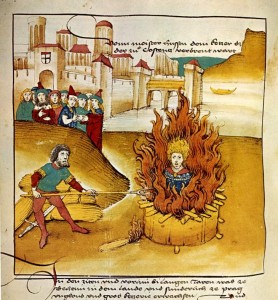 Jan Hus auf dem Scheiterhaufen
Spiezer Chronik 1485
Quelle: Wikipedia