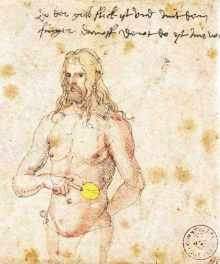 Aus einem Brief Dürers an seinen Arzt. Dürer zeigt auf seine schmerzende Milz. Er hatte sich vermutlich bei einem Holland-Aufenthalt eine Malaria zugezogen.
Quelle: Wikipedia