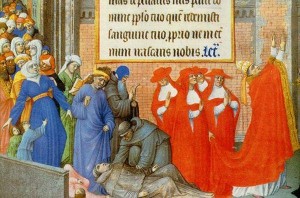 Miniatur in einem Gebetbuch aus dem Beginn des 15. Jahrhunderts. Papst Gregor I. (590 - 604) leitet eine Prozession rund um Rom, um das Ende der Pest zu erflehen. Im Vordergrund 2 Opfer, ein Kind und ein Mönch.
Quelle: Wikimedia
