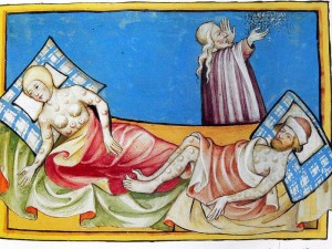 Miniatur aus der Toggenburg-Bibel (Schweiz) von 1411. 
( Die Krankheit wird allgemein für Pest gehalten. Die Lage der Beulen oder Blasen deuten aber eher auf Pocken hin. )
Quelle: Wikipedia