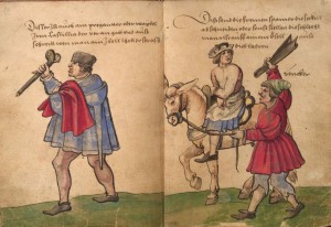 Eselsritt -Trachtenbuch- des Christoph Weiditz -Kastilianischer Weibel - Bestrafung eines Beutelschneiders in Spanien 1530
Quelle: Wikimedia