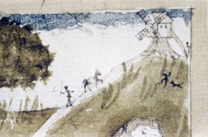 Épître d'Othéa.
MS. Bodl. 421 
fol. 031v 
15. Jahrhundert, 3. Viertel
Der Bockwindmühle auf einem Hügel nähert sich ein Pferd mit einem Sack gefolgt von einem Mann mit Peitsche. Ein anderer Mann nähert sich ebenfalls mit einem Sack auf den Schultern gefolgt von einem Hund.
Quelle: Bodleian Libraries