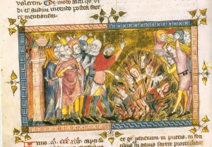 Hinrichtung von Juden, um 1350, Chronik von Gilles Li Muisis, fol. 12v Bibliothèque Royale de Belgique, Brüssel
(Quelle: Wikipedia)
