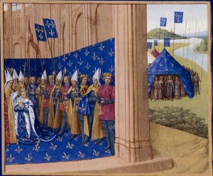 Krönung von Lothar: In Reims am 12. November 954 (Hugo ist eine der Personen hinter Lothar) - Grandes Chroniques de France von Jean Fouquet ca 1455-1460 (Quelle: Wikipedia)