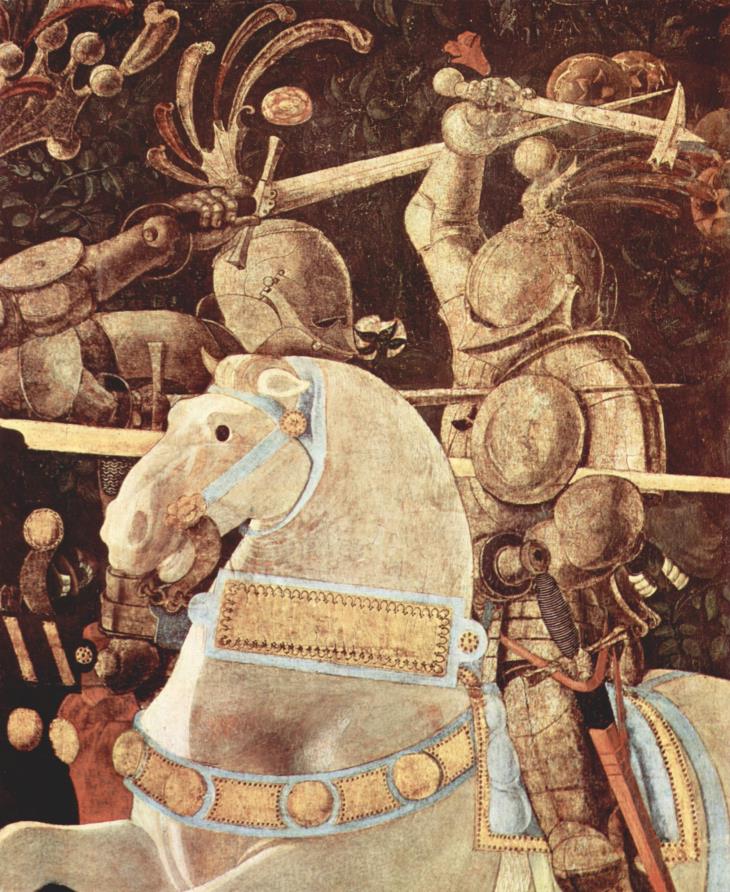  Niccolò da Tolentino als Anführer der Florentiner (Detail aus "Drei Gemälde zur Schlacht von Romano für den Medici-Palast in Florenz") von Paolo Uccello 1438  (Quelle: Wikipedia)