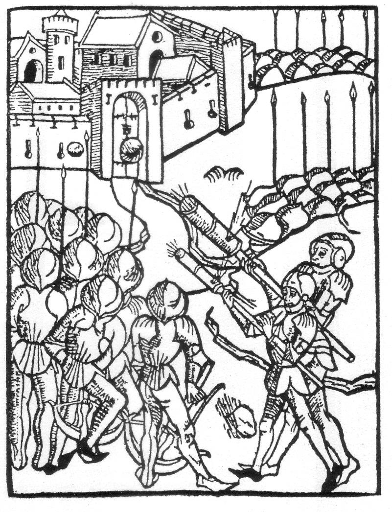 Einsatz von Handrohren bei der Belagerung einer Burg, 1475 (Quelle: Wikipedia)