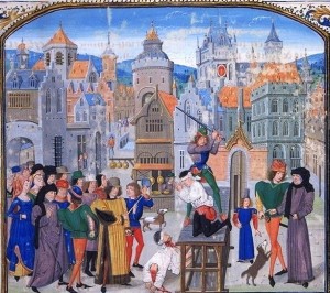 Guillaume Sans, Herr von Pommiers wird in Bordeaux auf Befehl von Thomas Felton enthauptet – Zeichnung aus Jean Froissart´s Croniken, Flandern Anfang 15. Jahrhundert (Quelle: Wikipedia)