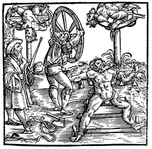 Rädern - Holzschnitt aus der Schweizer Chronik des Johann Stumpf - Augsburg 1586
(Quelle: Wikimedia)
