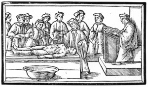 Sezieren
Jacopo Berengario da Carpi - Anatomia - Venedig 1535 - Titelholzschnitt
Quelle: Wikimedia