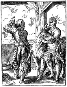 Metzger und Geselle bei der Schlachtung eines Hausrinds, Holzstich aus dem Ständebuch von Jost Amman, 1568 (Quelle: Wikipedia)