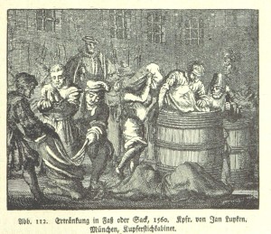 Ertränken im Fass oder Sack - Kupferstich von 1560 (Quelle: Wikipedia)