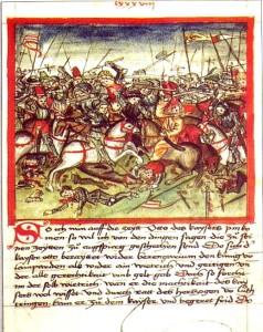 Die Schlacht auf dem Lechfeld in einer Darstellung von 1457 (Quelle: Wikipedia)